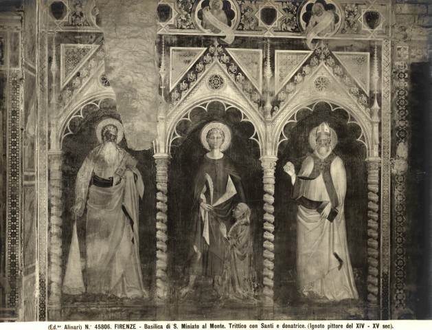 Alinari, Fratelli — Firenze - Basilica di S. Miniato al Monte. Trittico con Santi e donatrice. (Ignoto pittore del XIV sec.) — insieme